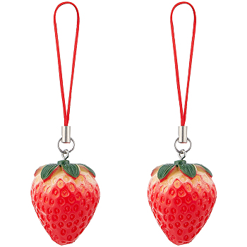 Resin Strawberry Pendant Mobile Straps, Nylon Cord Mobile Accessories Decor, Red, 9.5cm, 2pcs/set