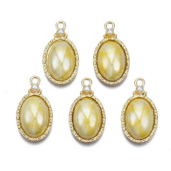 Rack Plating Alloy Pendants, with Porcelain and ABS Plastic Imitation Pearl, Long-Lasting Plated, Golden, Cadmium Free & Lead Free, Oval, Light Khaki, 23.5x13x5.5mm, Hole: 2mm