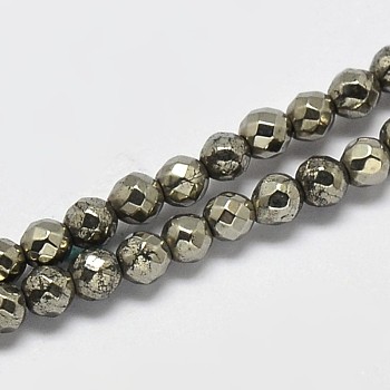 Natural Pyrite Round Beads Strands, Faceted, Grade A, 3mm, Hole: 1mm, about 130pcs/strand, 16 inch