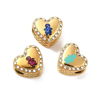 304 Stainless Steel European Beads, Large Hole Beads, with Rhinestone and Enamel, Heart with Boy, Mixed Color, Golden, 11.5x12.5x8.2mm, Hole: 4.2mm