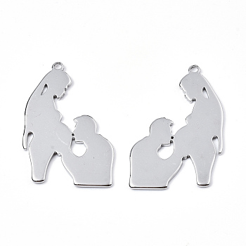 201 Stainless Steel Pendants, Family, Stainless Steel Color, 37x24x1mm, Hole: 2mm