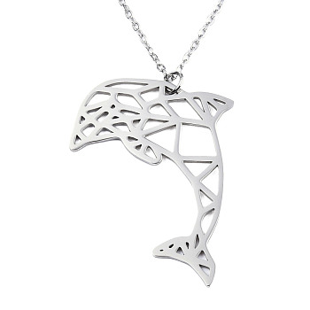 201 Stainless Steel Dolphin Pendant Necklaces, with Cable Chains, Stainless Steel Color, 17.5 inch~17.9 inch(44.5~45.5cm), 1.5mm, Dolphin: 31.5x40x1mm