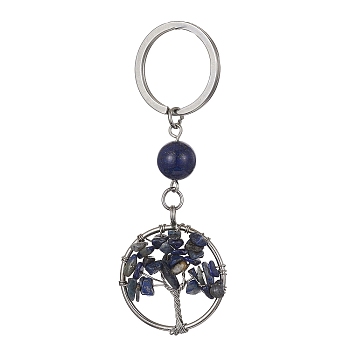 Natural Lapis Lazuli Chips Flat Round with Tree of Life Kcychain, with 304 Stainless Steel Findings, 8cm