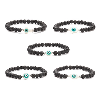 Natural Lava Rock & Shell with Evil Eye Beaded Stretch Bracelet, Essential Oil Gemstone Jewelry for Women, Teal, Inner Diameter: 2-1/4 inch(5.6cm)