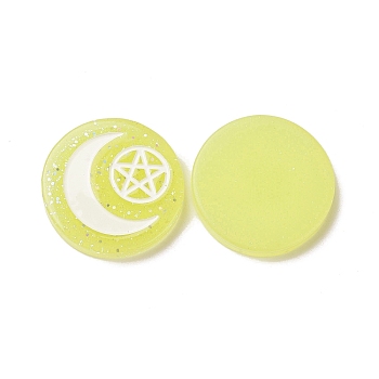 Resin Cabochons, with Glitter Powder, Flat Round with Moon & Pentagram Pattern, Champagne Yellow, 29x5.5mm
