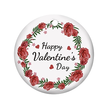 Handmade Porcelain Pendants, Double-Sided Printing of Valentine's Day Theme, Flat Round, FireBrick, 75x2mm