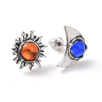 Resin Beaded Sun & Moon Asymmetrical Earrings, Retro Alloy Stud Earrings for Women, Mixed Color, 14x13mm and 14.5x10.5mm, Pin: 0.7mm