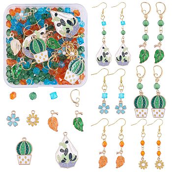DIY Plants Theme Earring Making Kit, Including Cactus & Sakura Alloy Enamel Pendants, Brass & Iron Earring Hooks, Bicone & Square Acrylic Beads, Mixed Color, 238Pcs/box
