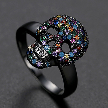 Cubic Zirconia Skull Finger Ring, Electrophoresis Black Plated Brass Gothic Punk Jewelry for Women, Colorful, US Size 6(16.5mm)
