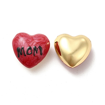 Brass Enamel Beads, Real 18K Gold Plated, Long-Lasting Plated, Heart with Word Mom, Red, 17.5x18x10mm, Hole: 2mm
