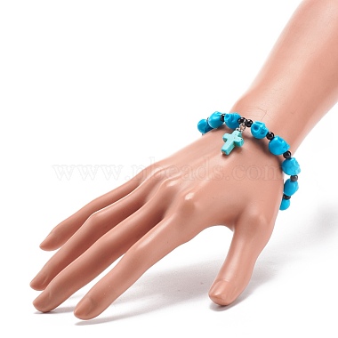 Natural Mashan Jade Skull Beaded Stretch Bracelet with Synthetic Turquoise(Dyed) Cross Charm(BJEW-JB08378-04)-3
