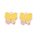 Alloy Enamel Pendants, Pencil & Bowknot Charms, Light Gold, Gold, 18x18x1mm, Hole: 1.6mm(ENAM-Q004-01KCG-13)
