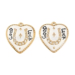 304 Stainless Steel Enamel Pendants, Heart with Horseshoe & Word Good Luck, with Rhinestone, Real 18K Gold Plated, Vacuum Plating, White, 24.5x22.5x3.5mm, Hole: 1.6mm(STAS-C158-12G-01)