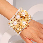 Flower Alloy & ABS Plastic Pearl Bangles for Women, Golden, Inner Diameter: 2-3/8 inch(6cm)(FS-WG764D9-01)