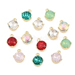 Brass Glass Pendants, Flat Round Charm, Faceted, Mixed Color, 12x9.5x5.5mm, Hole: 1.5mm(GL-CBABDD8-01G)