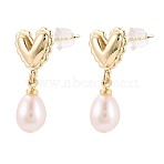 Brass Natural Pearl Dangle Stud Earrings, Heart, with 925 Sterling Silver Pins, Long-Lasting Plated, Real 18K Gold Plated, 22~25x11mm(PEAR-N017-07J)