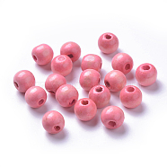 Dyed Natural Wood Beads, Round, Lead Free, Pink, 12x11mm, Hole: 4mm, about 1800pcs/1000g(WOOD-Q006-12mm-07-LF)