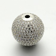 Brass Micro Pave Cubic Zirconia Round Beads, Cadmium Free & Lead Free, Clear, Platinum, 20mm, Hole: 3mm(ZIRC-M039-13P-RS)
