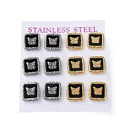 6 Pair 2 Color Square & Butterfly Acrylic Stud Earrings, 304 Stainless Steel Earrings, Golden & Stainless Steel Color, 13x12mm, 3 Pair/color(EJEW-A024-05)
