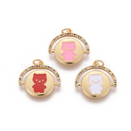 Brass Micro Pave Cubic Zirconia Pendants,  with Enamel, Flat Round with Bear, Golden, Mixed Color, 20x21x2mm, Hole: 3mm(ZIRC-K080-03G)