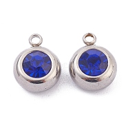 201 Stainless Steel Rhinestone Charms, Birthstone Charms, Flat Round, Stainless Steel Color, Sapphire, 13x10x6mm, Hole: 1.8mm(STAS-Z009-03A-02P)