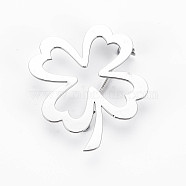 Open Clover Brooch, 201 Stainless Steel Leaf Lapel Pin for Backpack Clothes, Nickel Free & Lead Free, Stainless Steel Color, 41x34x6mm, Pin: 0.7mm(JEWB-N007-011P-FF)