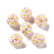 Luminous Resin Pave Rhinestone Beads, Glow in the Dark Flower Round Beads with Porcelain, Pink, 19mm, Hole: 2mm(RESI-C048-01D)