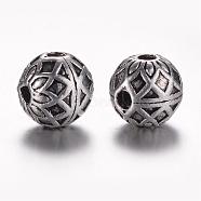 Tibetan Style Alloy 3-Hole Guru Beads, T-Drilled Beads, Round, Antique Silver, 9x9mm, Hole: 2mm(PALLOY-YC65917-AS)