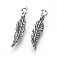 304 Stainless Steel Pendants, Feather, Antique Silver, 25.5x6x2.5mm, Hole: 2mm(STAS-E446-08AS)