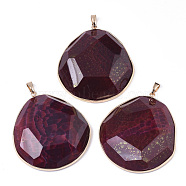 Natural Crackle Agate Big Pendants, with Light Gold Plated Brass Edge & Pinch Bails, Dyed & Heated, Oval, Faceted, Medium Violet Red, 61~62x54~55x12~14mm, Hole: 4x7mm(G-R469-05C)