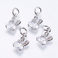 Brass Micro Pave Cubic Zirconia Bunny Charms, Cadmium Free & Lead Free, Rabbit, Real Platinum Plated, 12x6x2.5mm, Hole: 3mm(RB-I077-19P-RS)