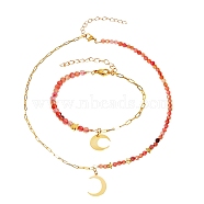 Brass Charm Bracelet & Pendant Necklace Sets, with Dyed Natural Agate Beads and 304 Stainless Steel Lobster Claw Clasps, Moon, Golden, Tomato, 7-7/8 inch(20cm), 15.75 inch(40cm)(SJEW-SZ0001-009G)