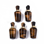 Faceted Natural Tiger Eye Pendants, Openable Perfume Bottle, with Golden Tone Brass Findings, Bottle, 36x15.5x15mm, Hole: 1.8mm, Bottle Capacity: 1ml(0.034 fl. oz)(G-T131-14D)