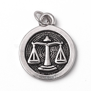Brass Pendants, with Jump Rings, Long-Lasting Plated, Flat Round with 12 Constellation/Zodiac Sign, Antique Silver, Libra, 18.5x15x2mm, Jump Ring: 5x0.7mm, Inner Diameter: 3.6mm(KK-I668-01AS-12)