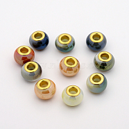 Pearlized Glass European Beads, Large Hole Rondelle Beads, with Golden Tone Brass Cores, Mixed Color, 14x10mm, Hole: 5mm(GPDL-J006-M)