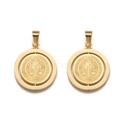 304 Stainless Steel Pendants, Flat Round with Saint Benedict Medal, Golden, 27x23x2mm, Hole: 4x6.5mm(STAS-P085-05)