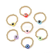 7Pcs 7 Color Resin Evil Eye & 304 Stainless Steel Beaded Stretch Finger Rings, Stackable Adjsutable Rings for Women, Mixed Color, US Size 6(16.5mm), 1Pc/color(RJEW-JR00533)