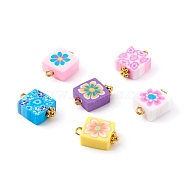 Polymer Clay Pendants, with Brass Findings, Square with Flower pattern,Golden, Mixed Color, 15x10x5mm, Hole: 2mm(PALLOY-JF00680)