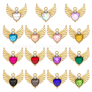 30Pcs 15 Colors Alloy Rhinestone Pendants, Light Gold, Angel Love Wings Charms, Mixed Color, 22x21x5mm, Hole: 1.8mm(FIND-GA0003-29)