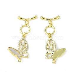 Rack Plating Brass Micro Pave Cubic Zirconia Toggle Clasps, with Shell, Long-Lasting Plated, Lead Free & Cadmium Free, Butterfly, Real 18K Gold Plated, 40x20x3mm, Hole: 1.4mm, Bar: 7x18.5x2.8mm(KK-K165-41G)