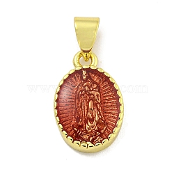 Rack Plating Brass Enamel Pendants, Long-Lasting Plated, Lead Free & Cadmium Free, Real 18K Gold Plated, Oval with Saint Charm, Sandy Brown, 15x10x3mm, Hole: 5x3.5mm(KK-B091-15I)