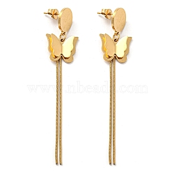 Vacuum Plating 304 Stainless Steel 3D Butterfly Dangle Stud Earrings, Chains Tassel Earrings, Golden, 73x15mm(EJEW-D083-05G)