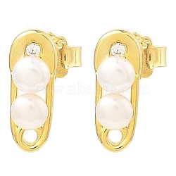 Rack Plating 925 Sterling Silver Safety Pin Shape Stud Earrings, with Natural Pearl Beaded, Real 18K Gold Plated, 12x5mm(EJEW-Z024-03G)