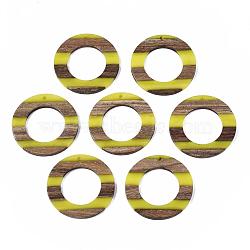 Resin & Walnut Wood Pendants, Two Tone, Ring, Yellow, 39x2~3mm, Hole: 2mm(RESI-R428-02B)
