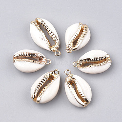 Electroplate Freshwater Shell Pendants, with Iron Findings, Golden, Floral White, 23~28x15x6~8mm, Hole: 1.6mm(X-SHEL-S274-19)