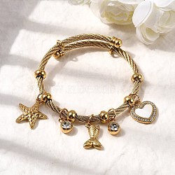 304 Stainless Steel Charm Bangles for Women, Starfish & Fishtail & Heart, with 201 Stainless Steel Beads & Rhinestone & Shell, Ion Plating(IP), Real 18K Gold Plated, Inner Diameter: 2-1/4 inch(5.8cm)(BJEW-Z141-01G)