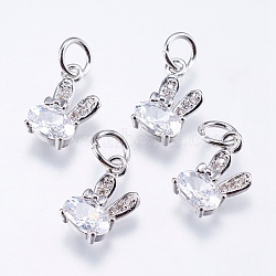 Brass Micro Pave Cubic Zirconia Bunny Charms, Cadmium Free & Lead Free, Rabbit, Real Platinum Plated, 12x6x2.5mm, Hole: 3mm(RB-I077-19P-RS)