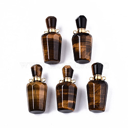 Faceted Natural Tiger Eye Pendants, Openable Perfume Bottle, with Golden Tone Brass Findings, Bottle, 36x15.5x15mm, Hole: 1.8mm, Bottle Capacity: 1ml(0.034 fl. oz)(G-T131-14D)