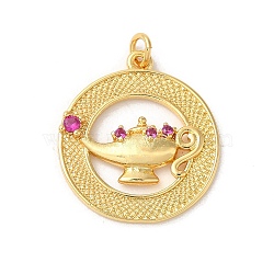 Rack Plating Brass Micro Pave Cubic Zirconia Pendants, with Jump Ring, Long-Lasting Plated, Lead Free & Cadmium Free, Flat Round with Magic Lamp, Deep Pink, Real 18K Gold Plated, 21.5x19x3mm, Hole: 2.5mm(KK-K377-91G)