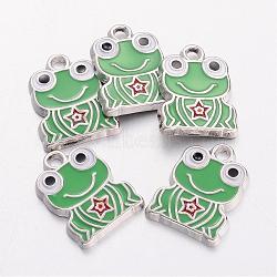 Alloy Enamel Pendants, Frog, Lead Free & Cadmium Free & Nickel Free, Platinum, Lime Green, about 16.5mm long, 12.5mm wide, 1mm thick, hole:2mm(EA218Y-NF)
